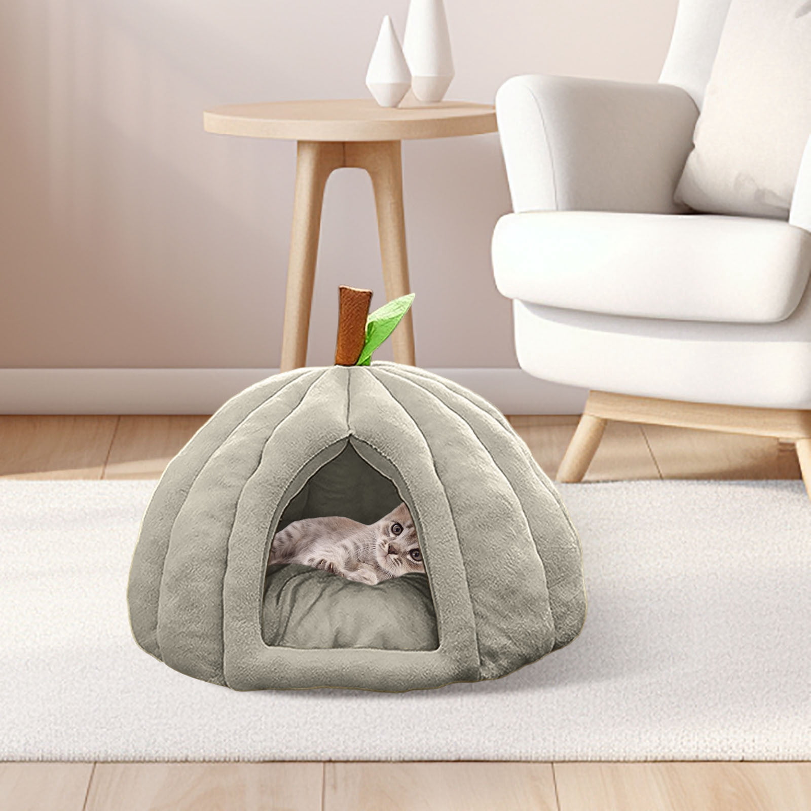 Cozy Pumpkin Cat Cave Bed with Removable Cushion - Warm Enclosed Indoor Cat House for Kittens and Small Dogs, Cute Seasonal Hideaway Sleep Tent Pet Bed