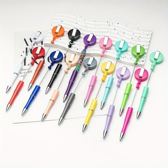 15Pcs Beadable Pens Black Ink Bead DIY Pens Badge Reel Ballpoint Pull Clip Pen for Nurse Worker Teacher Blue, Purple, Pink, Yellow, Green, Orange, White, Gray, Black, Brown