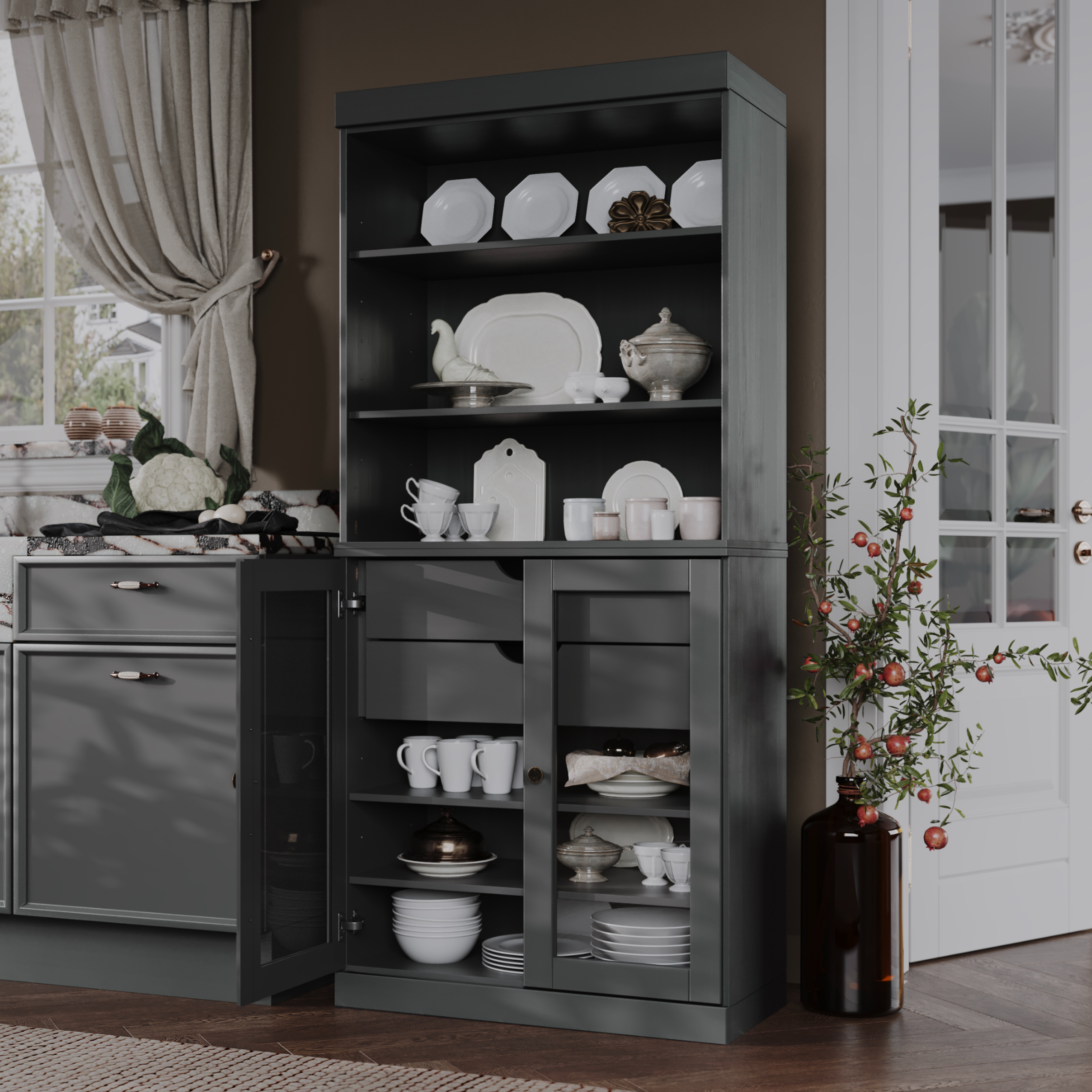Palace Imports 100% Solid Wood 32" Kitchen Pantry Storage Cabinet with Glass Doors, Adjustable Shelves and 2-Drawers, Gray
