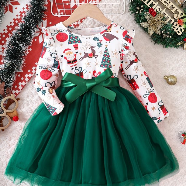 Christmas Girls Tulle Splice Long Sleeve Tutu Dress, Cute & Smart Holiday Party Dresses Outfit For Kids/ Toddlers, Gift Choice