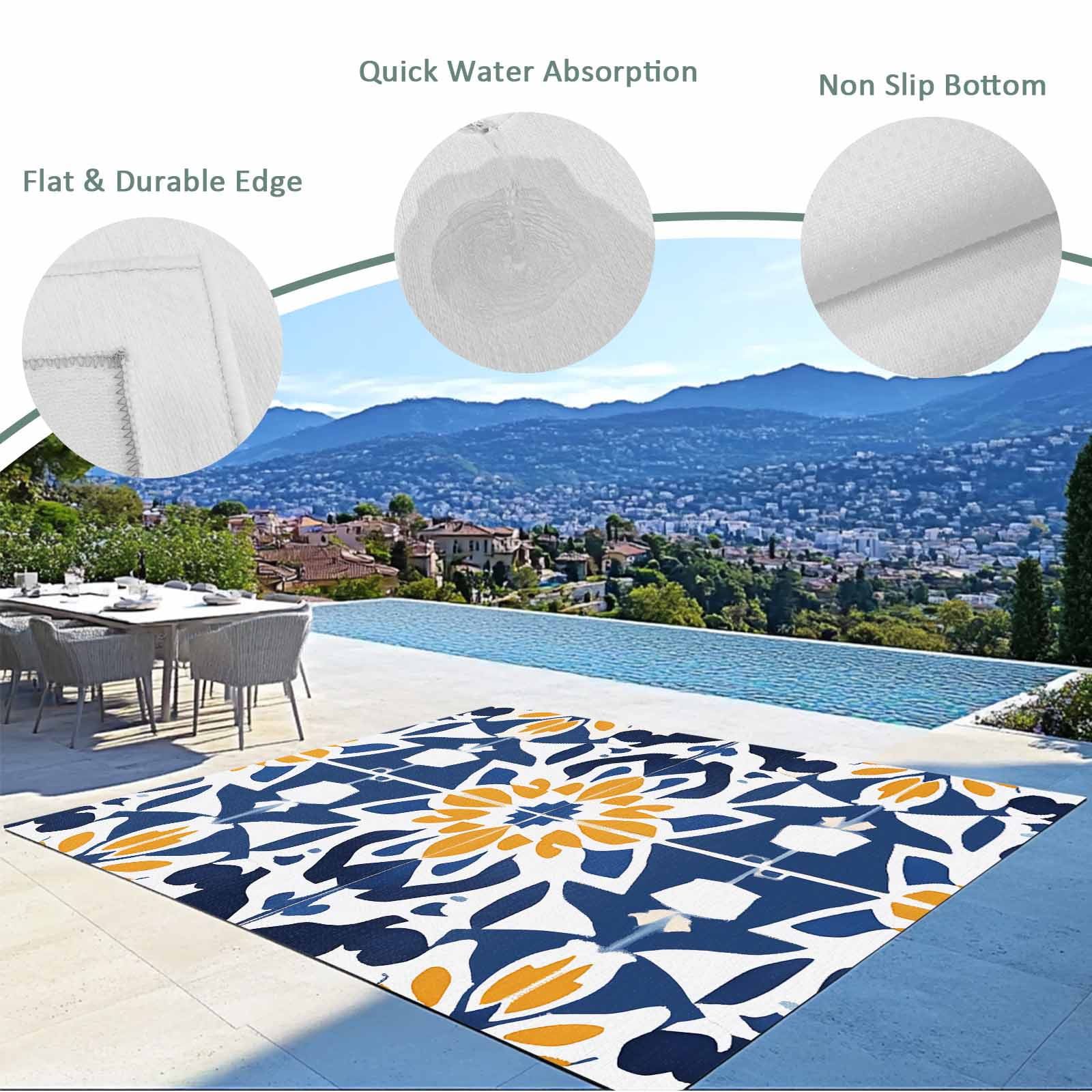 Fsddascl Blue Morocco Outdoor Rug for Patio/Deck/Porch, Non-Slip Large Area Rug 4 x 6 Ft, Boho Geometric Antique Oriental Pattern Indoor Outdoor Rugs Washable Area Rugs, Camping Rug Carpet