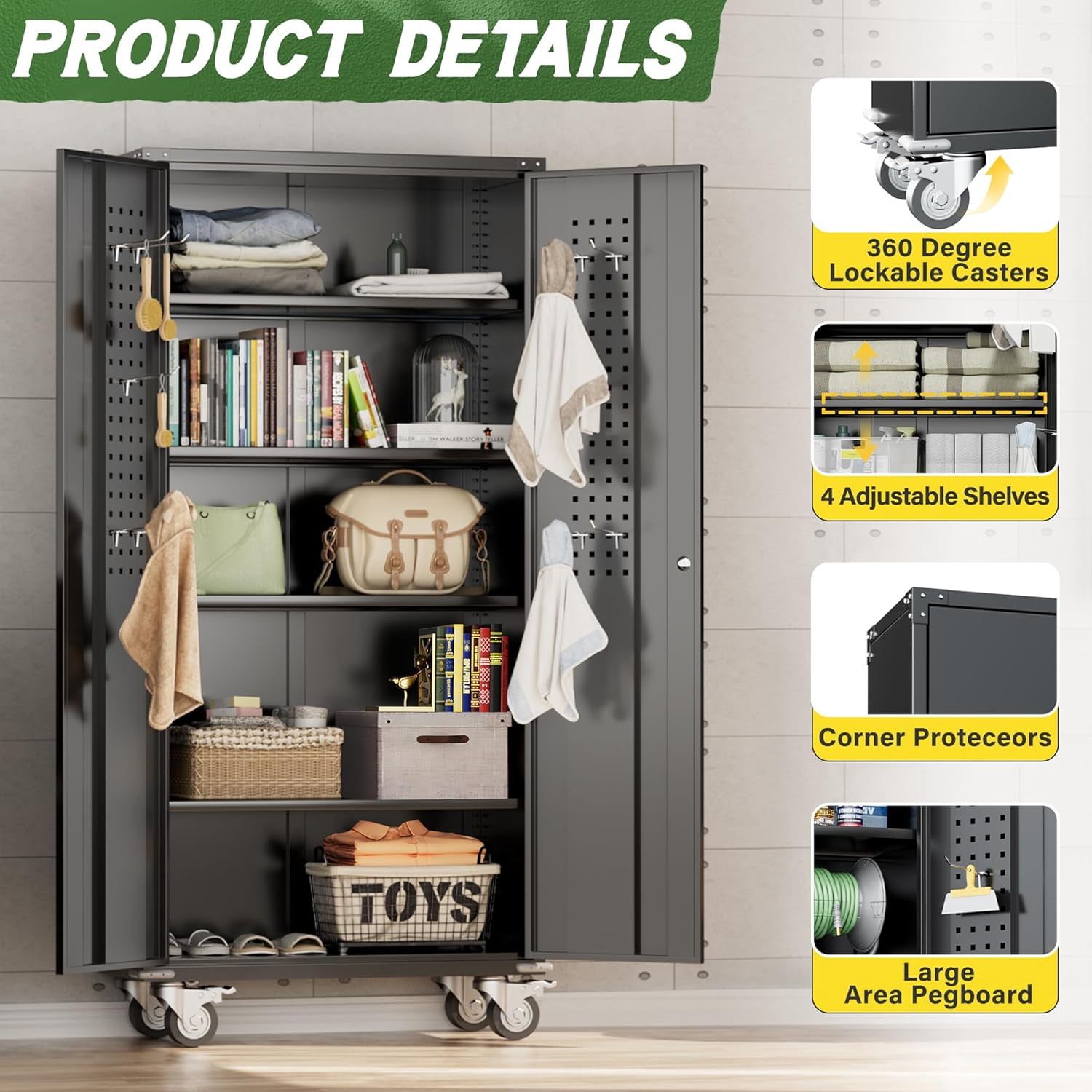 SUNCROWN Metal Storage Cabinet with Wheels,72” Black Garage Storage Cabinet with Pegboards and Wheels, Rolling Tool Cabinet with Locking Doors and Shelves for Home,Basement, Kitchen Pantry,Warehouse