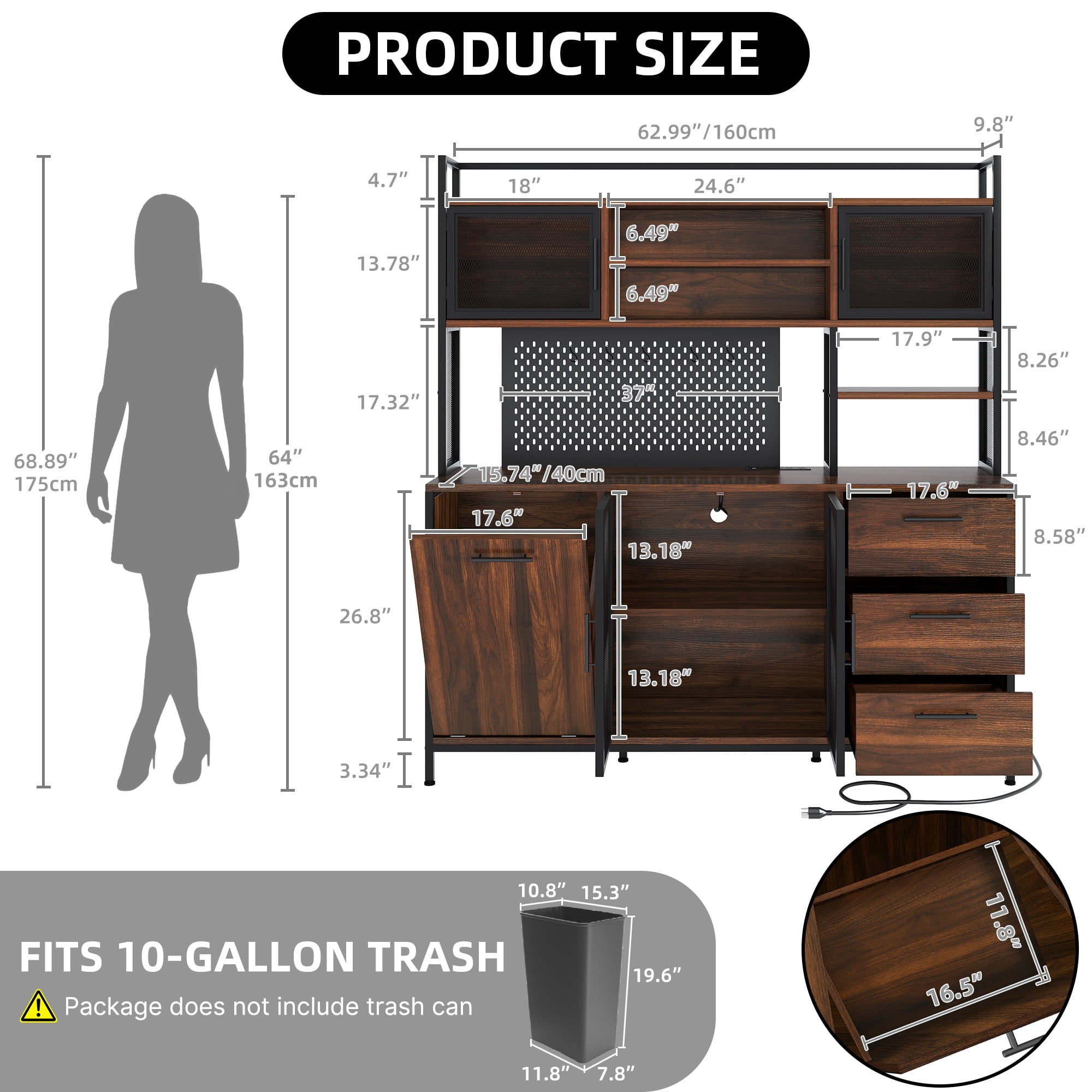 Uforic Pantry Cabinet with Power Outlets, Kitchen Buffet Hutch with Drawers and Storage Shelves, Brown