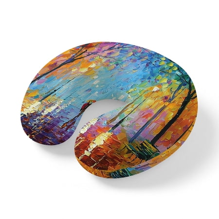 Neck Pillow Orange Blue Purple Forest Memory Foam U-Shaped Travel Pillow for Airplane Car Train Office Nap Portable Soft Head Neck Support for Sleeping & Reclining Oil Painting Trees Couple