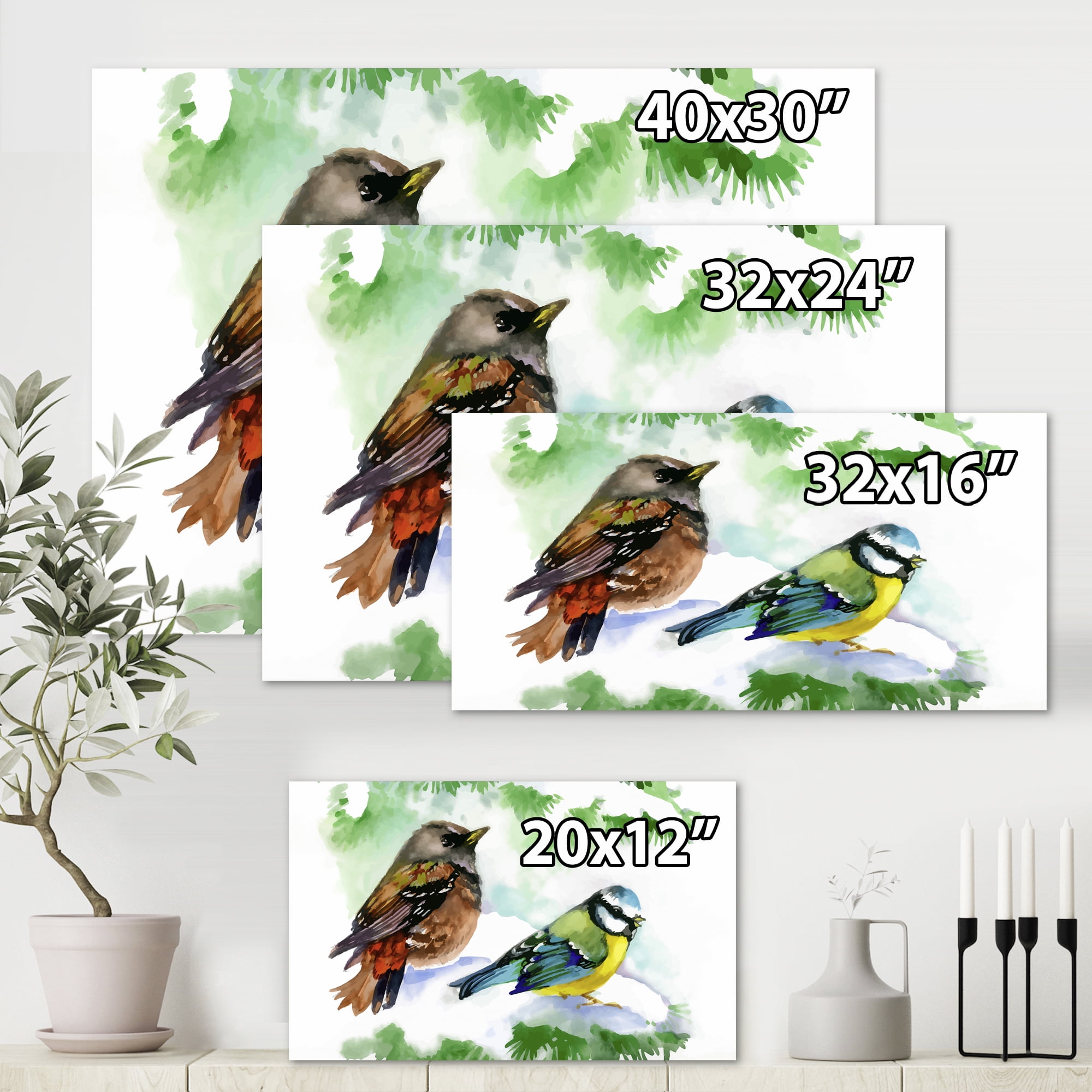 Designart ' Forest Birds Sitting On Snowy Fir Tree Branch ' Traditional Canvas Wall Art Print