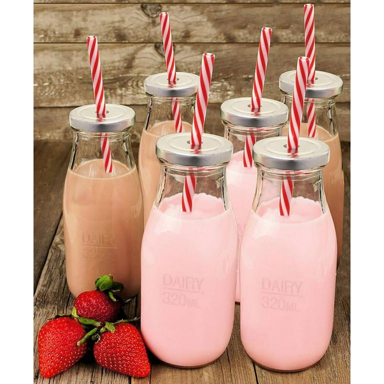 Estilo EST2791 Dairy Reusable Glass Milk Bottles with Straws and Metal  Screw on Lids, Set of 6, 10.5 oz, Clear : : Home