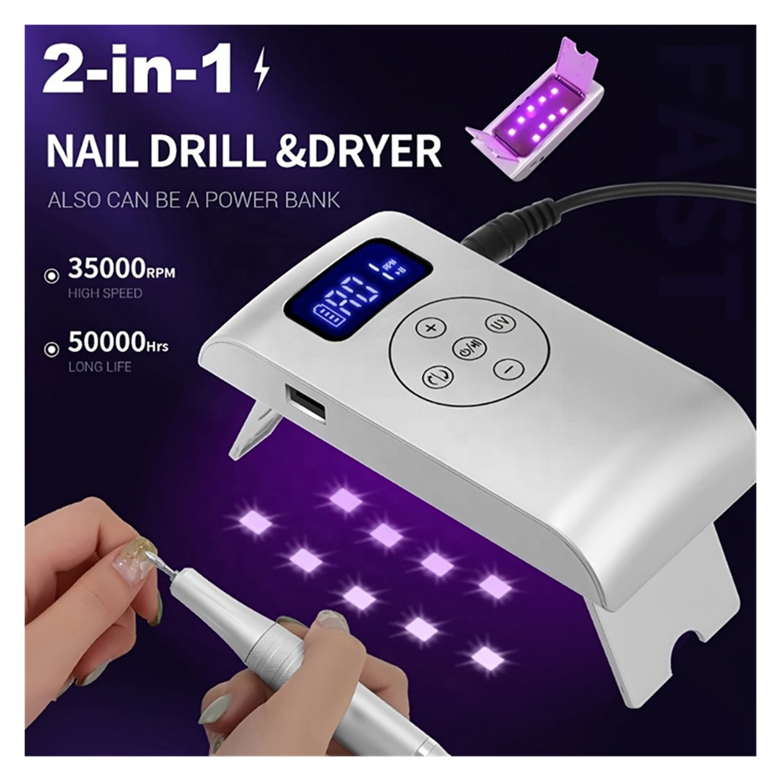 Nail Drill with 35,000 RPM&LED Nail Lamp, Nail Drills for Acrylic Nail, Rechargeable Portable Electric Nail File for Home Salon Manicure Pedicure ,Low Noise