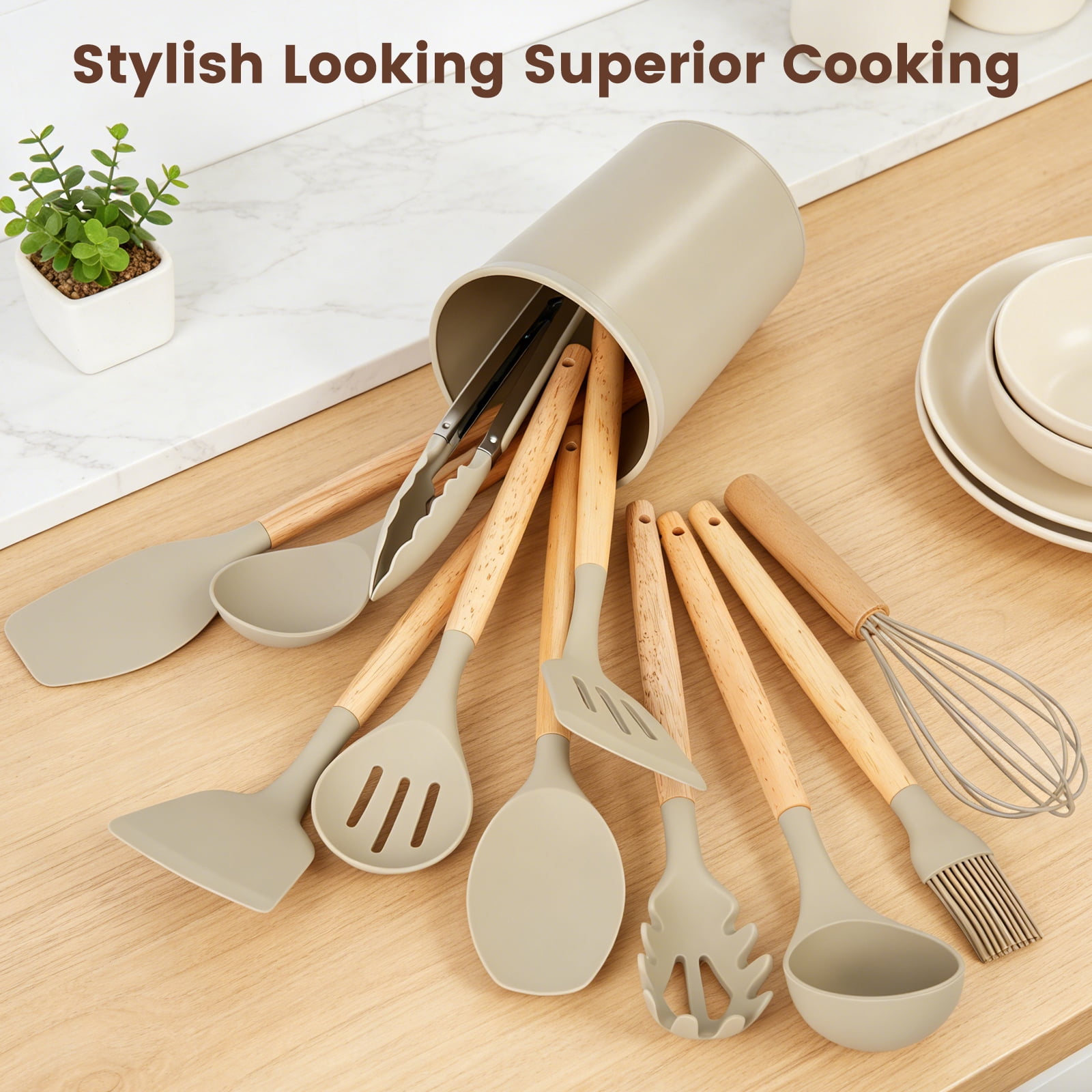 Silicone Cooking Utensils Set, Kitchen Utensils Set 38 Pcs for Cooking, Nonstick Kitchen Utensils Cookware Set Spatula Set, Khaki