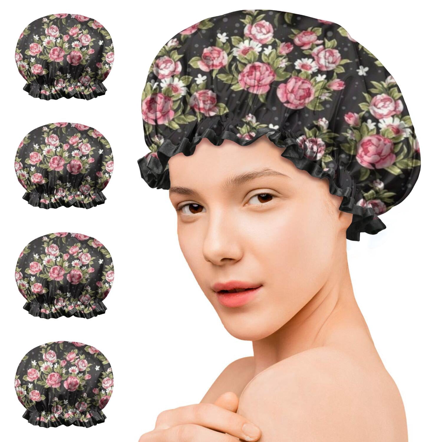 Shower Caps,Pioneer Flower Floral Print Pattern Waterproof Shower Cap for Women 4 Pieces,Double Reusable Hair Cover for Shower PEVA Elastic Stretch Hem