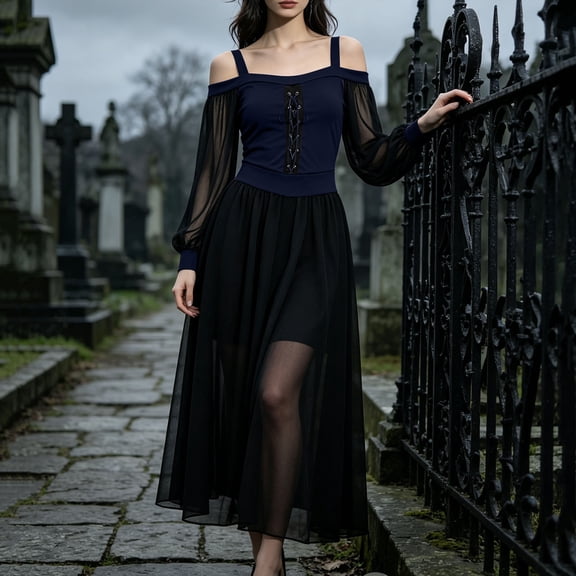 JOANKDMI Women's Gothic Midi Dress Elegant Vampire Costume Cold Shoulder Sheer Long Sleeve Lace-up Corset for Roleplay Halloween Party Outfit Chic, S-3XL