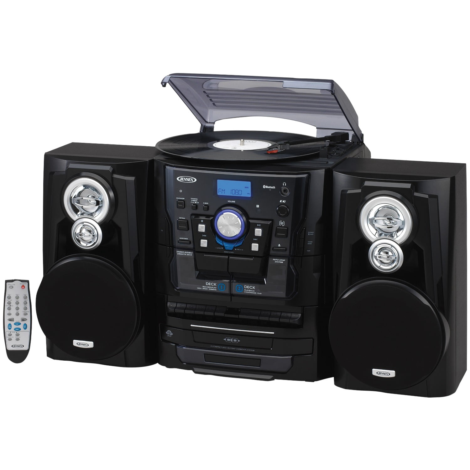 JENSEN 10-Watt 3-Speed Belt-Drive Manual Turntable with External Speakers, Bluetooth, 3 CD Changer, Dual Cassette Deck, AM/FM, and 45-RPM Adapter