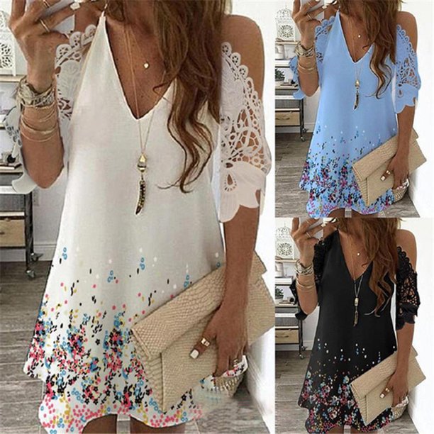 Farfi Vestido de mujeres con estampado floral Sling Sexy off Shoulder A-Line Falda para citas Negro Farfi Vestido