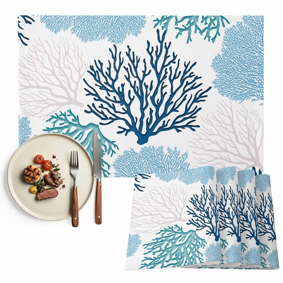 Placemats Set of 6, Teal Blue Coral Place Mats Ocean Marine Life Tablemats Washable Placemat Table Decoration for Kitchen Table Dinner Party Home Decor Indoor Outdoor 13x19 Inch