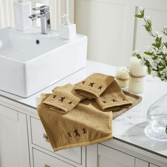 VHC Brands Burgundy Prim Stars Tan Washcloth Set of 4 12x12