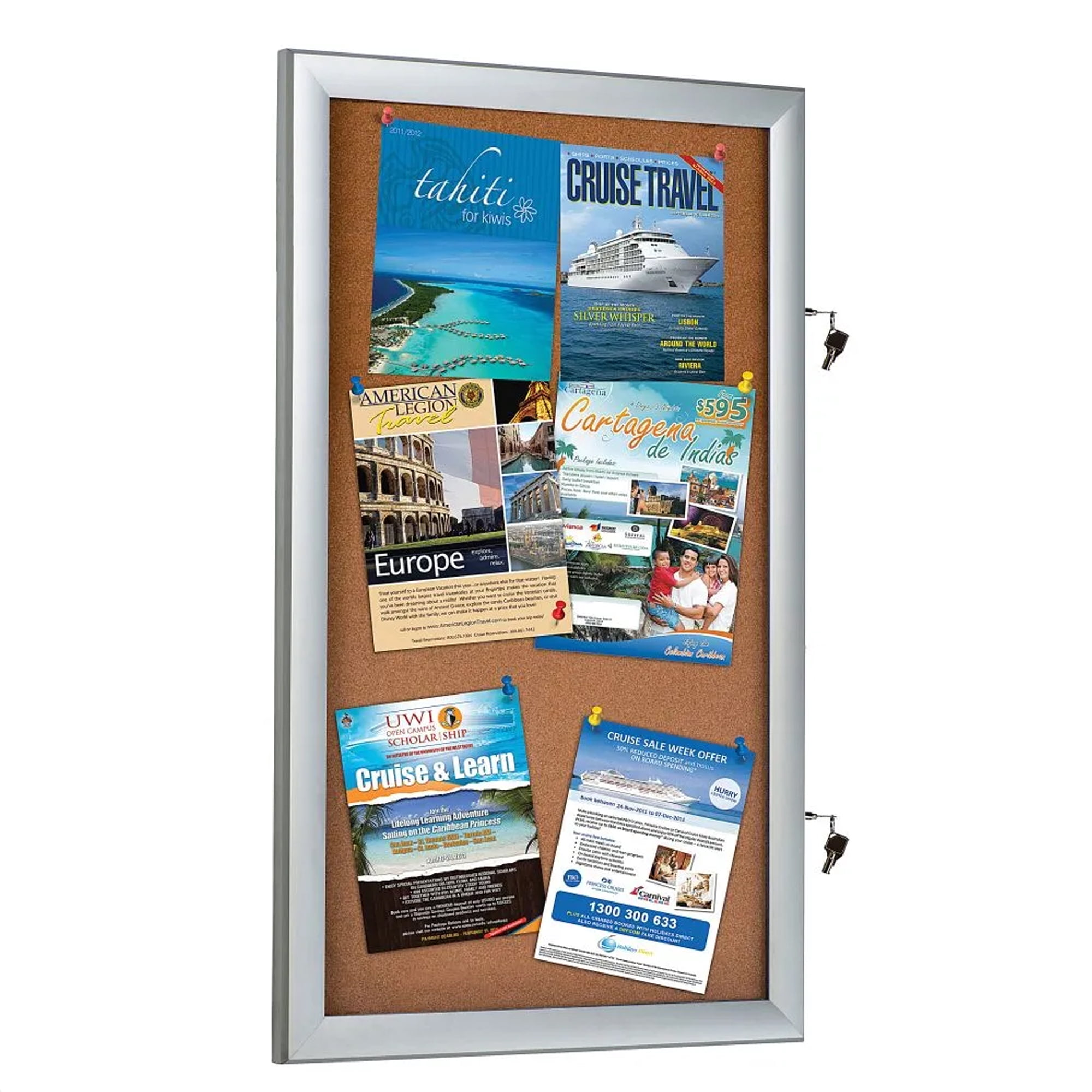 M&T Displays Enclosed Cork Bulletin Board 6x(8.5x11) Silver Aluminum Outdoor Noticeboard Display