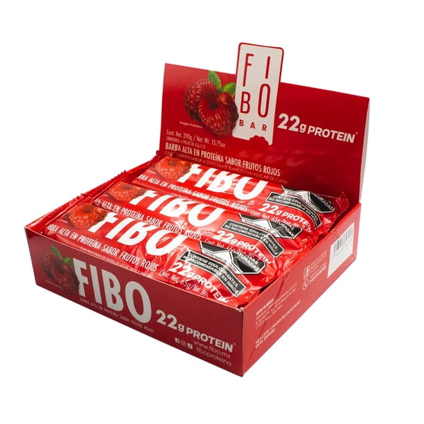 FIBO BAR | Barras con 22g de Proteína WHEY | Barras sabor Frutos Rojos, con superfoods y cubierta sabor chocolate oscuro. FIBO BAR 65g paquete con 6 piezas (Frutos Rojos)