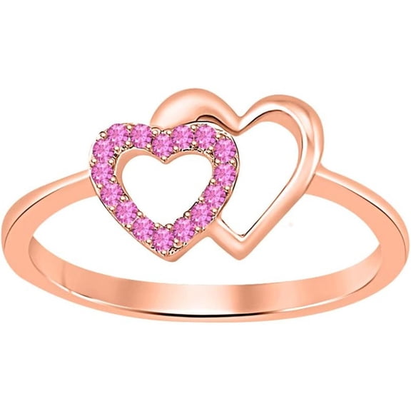 925 Sterling Silver 14K Rose Gold Plating Round Cut Gemstone Pink Sapphire Double Heart Shape Valentine's Day Special Engagement Ring For Women