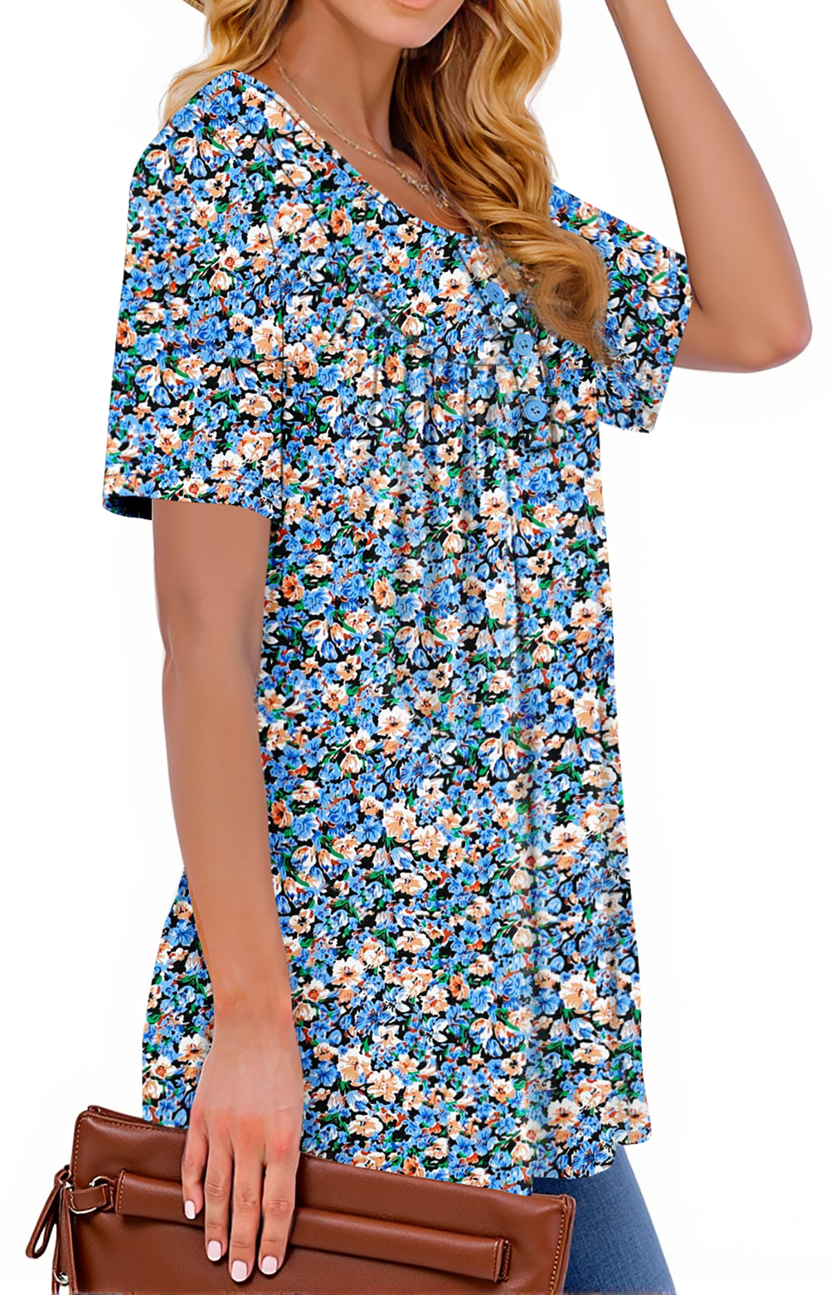 Fantaslook Women's Henley Short Sleeve Floral Tunic Blouse photo 3