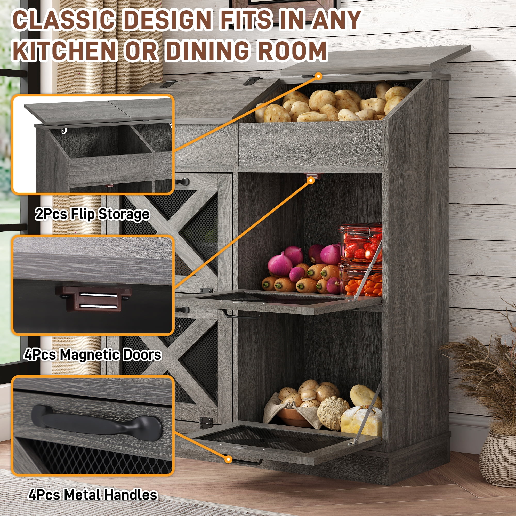 ChVans Large Potato Storage Wood Bin, Wooden Bread Storage Bins, Decorative Potato and Onion Storage Bin with 4 Doors, Potato Bin with Grocery Section, Wooden Vegetable Storage Box with Lid