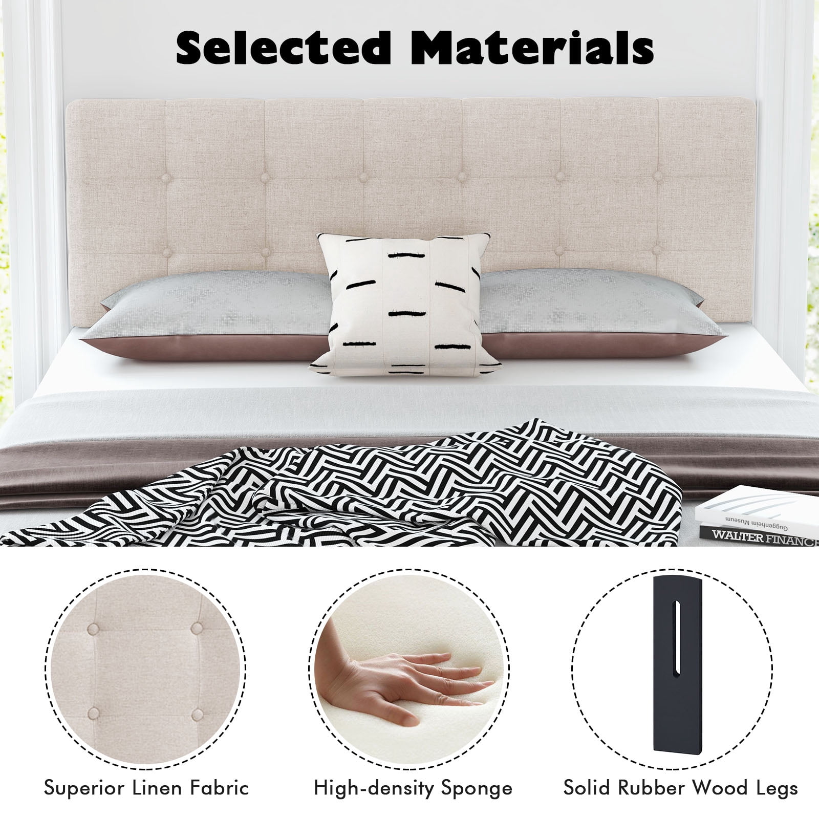 Infans Full/Queen Size Headboard Linen Fabric Upholstered Button Tufted Solid Wood Leg