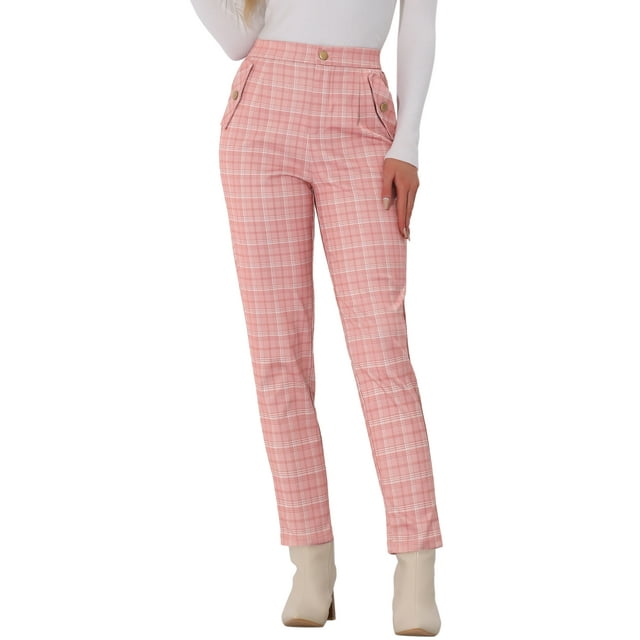 Pantalones de tartán a cuadros inspirados para mujer, elásticos, de cintura alta, rectos y largos, XS, rosa