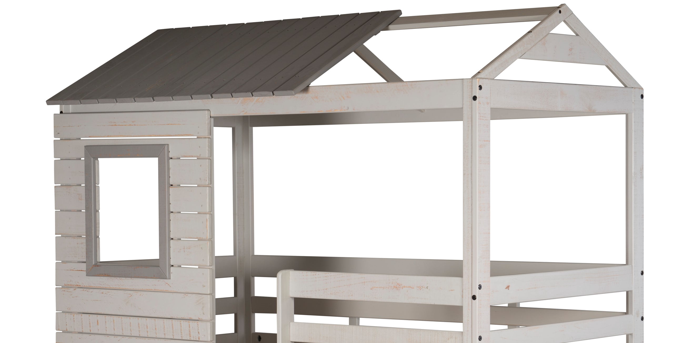 Donco Kids Deer Blind Child Wood Twin-over-Twin Bunk Bed with Roof and Slats Rustic Light Grey