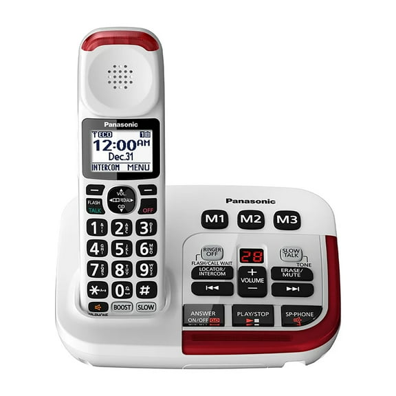 Panasonic DECT 6.0 Corded Cordless Amplified Phone with Answering Machine & Noise Reduction, White with Red Visual Ringer, KX-TGM420W