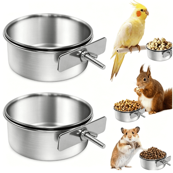 2 Pack Stainless Steel Bird Feeding Dish Cups Bird Feeder with Clamp for Cage