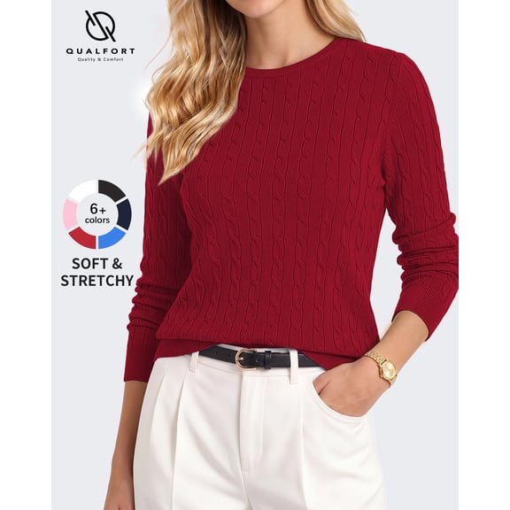 QUALFORT Women’s Cable Knit Sweater, Crew Neck Lightweight Long Sleeve Pullover, Red, Size L