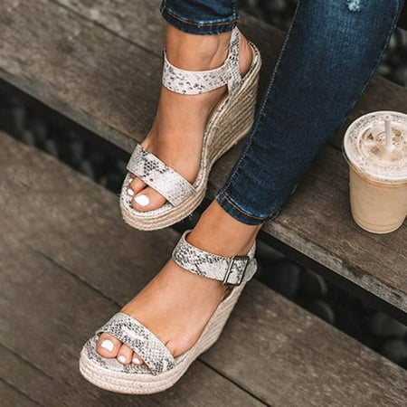 

HIBRO Women Summer Large Size Wedge Buckle Belt Open Toe Slope Heel Weaving Sandals