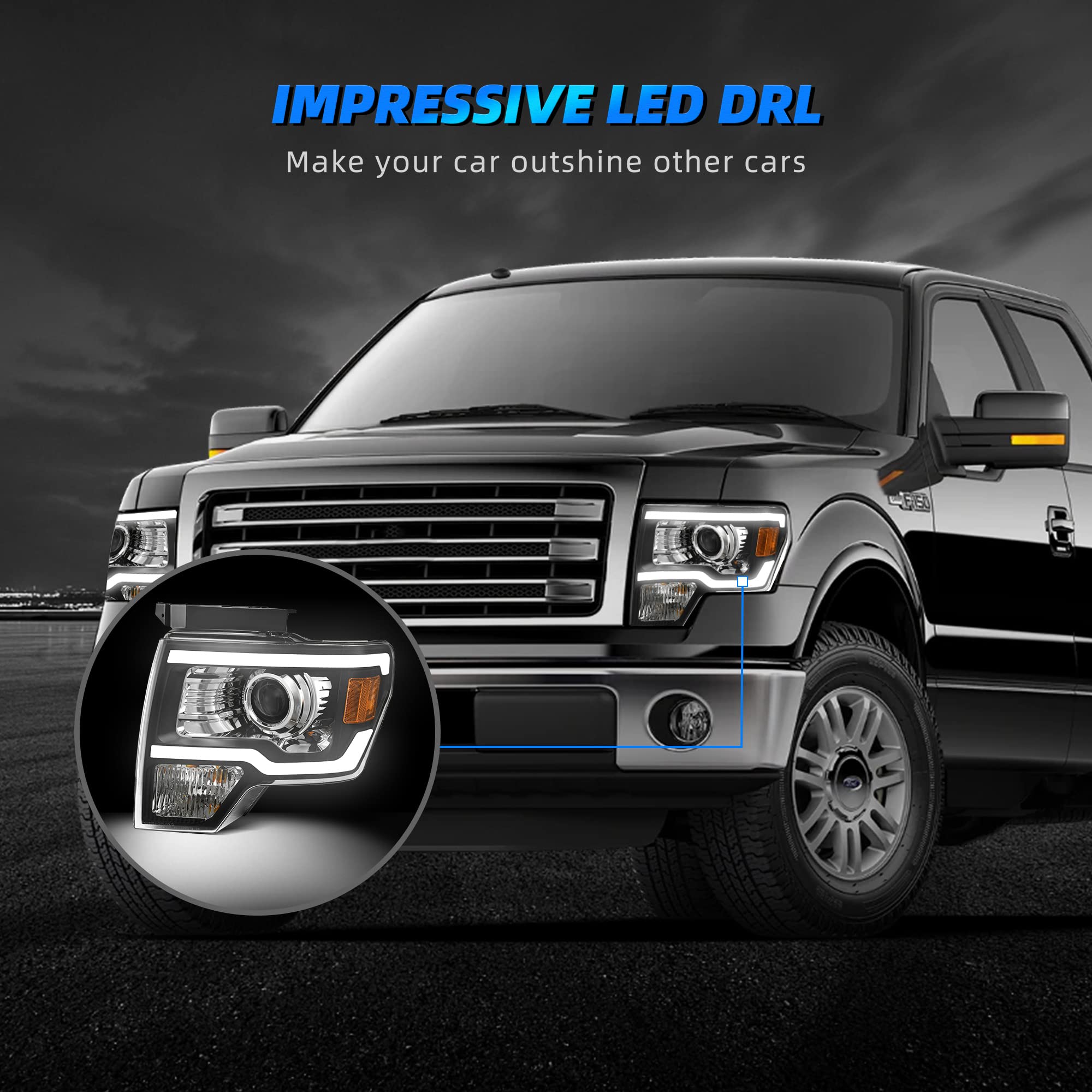 RVNI DRL LED Tube Projector Black Headlights For 2009-2014 Ford F-150 F150 Headlamps