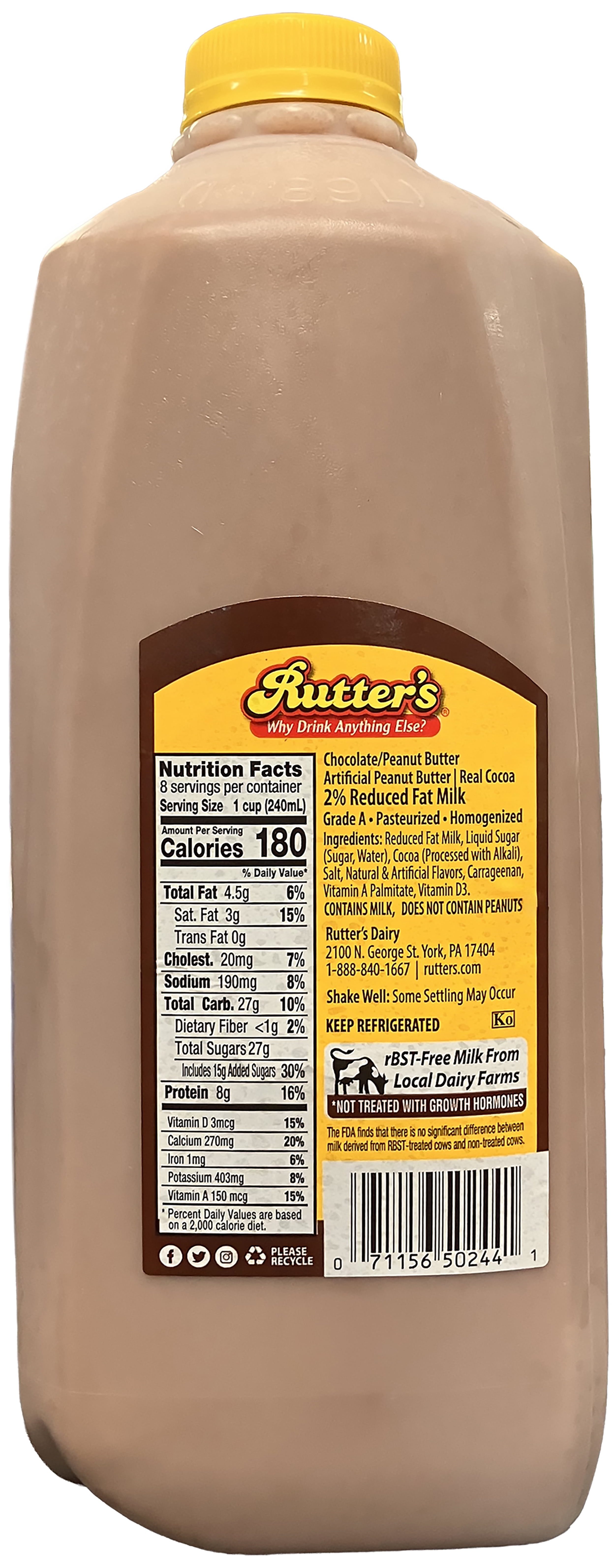 Rutters Chocolate Peanut Butter Milk, Half Gallon, Plastic Jug