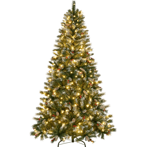 Alden Design 7.5Ft Pre-lit Frosted Artificial Christmas Tree with Pinecones & Holly Berries, Green