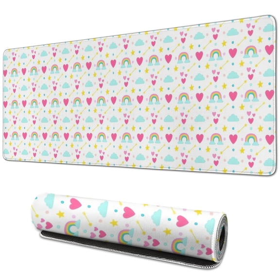 Long Mouse Pads for Desk,Unicorn Themed Rainbow Heart Star Desk Mats on Top Of Desks, Desk Mouse Pad Extra Large with 3mm Non-Slip Base and Stitched Edge for Gaming,Work,Home 31.5"x11.8"