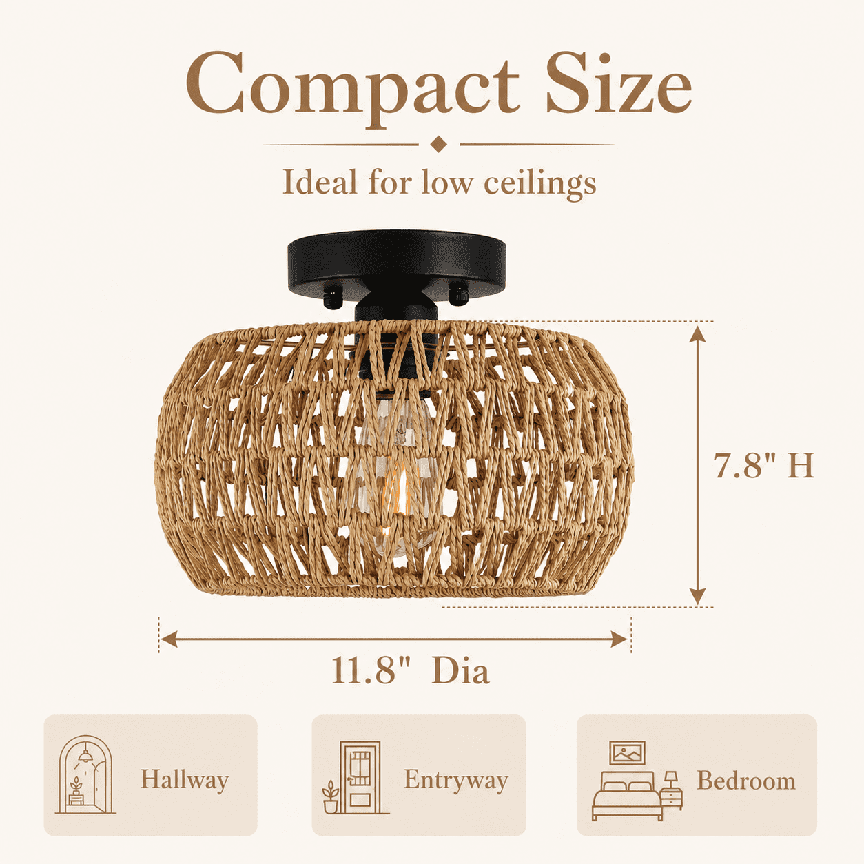 DONGPAI Boho Light Fixtures Ceiling Mount, 11.8" Rattan Mini Chandelier Hand Woven Wicker Semi Flush Mount Ceiling Light for Bedroom Kitchen Hallway Entryway Living Room (Bulb Included)