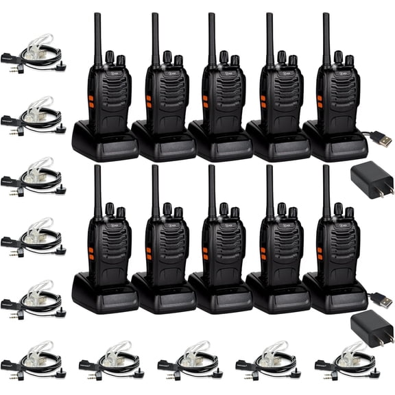 TIDRADIO TD-V2 Walkie Talkies Long Range Rechargeable Two Way Radios with Secret Service Earpiece, 16CH Portable Durable, Frequency Copy, Flashlight VOX for Business Family- Black, 10 Pack