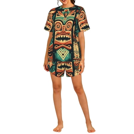 Women s Pajama Set Short Sleeve 2-Piece PJs Loungewear Sleepwear Top Shorts Retro Tiki Hawaiian Vintage