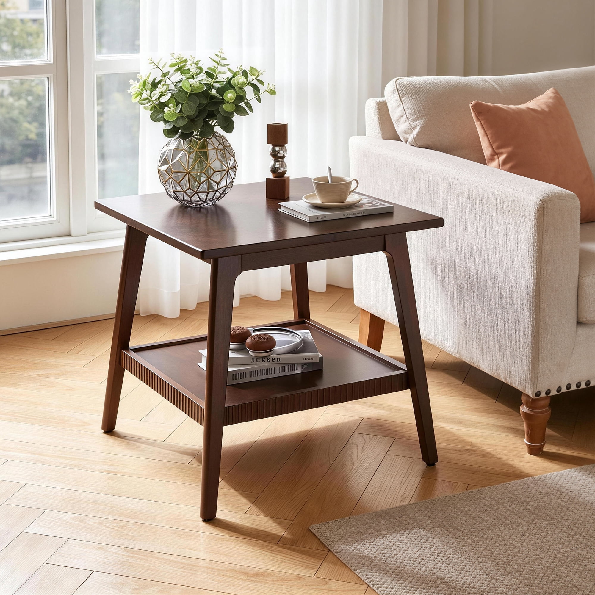 GARITIN Solid Wood End Table, 2-Tier Square Side Table with Storage Shelf, Modern Nightstand Accent Table for Living Room Sofa Couch Side, Walnut