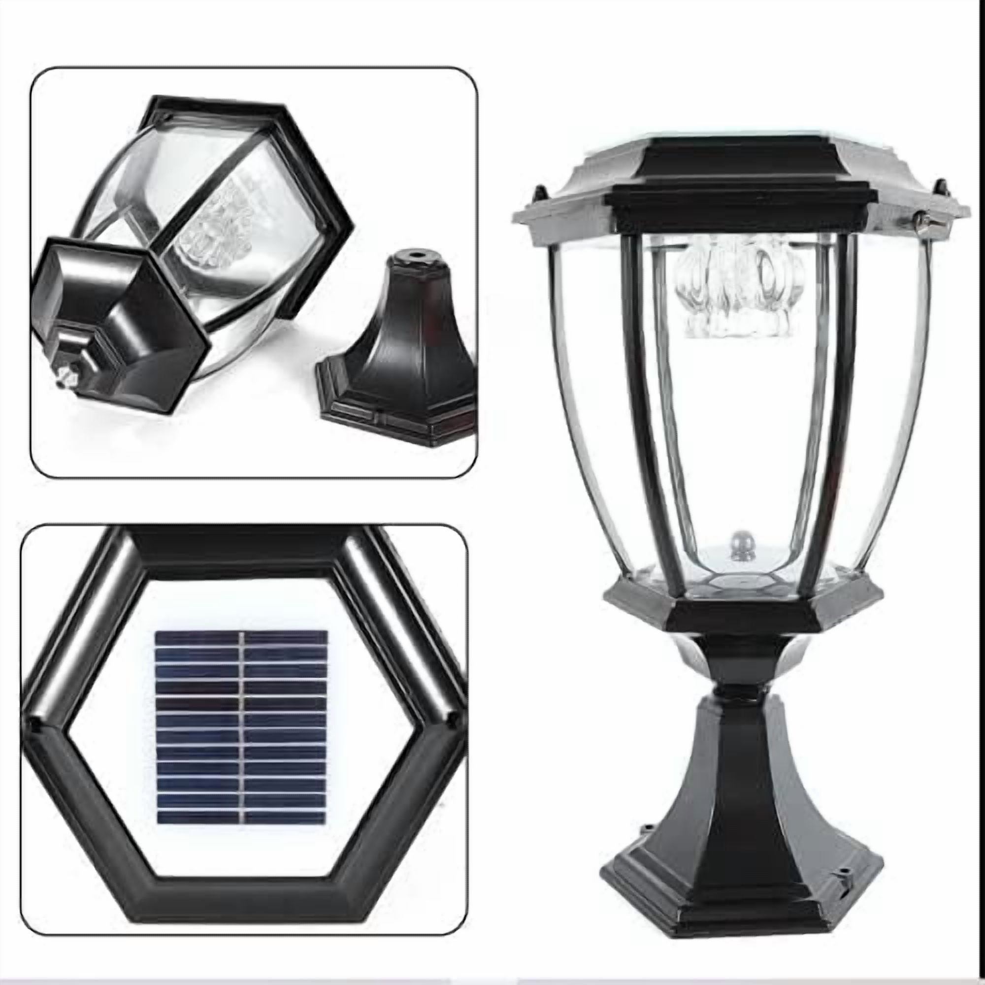 Outdoor Post Solar Light 15.7" H Post Light Fixture Large Exterior Lamp Column Solar Light Lantern with Base Glass Lampshade IP55 Waterproof Pillar Light for Outside(Black)