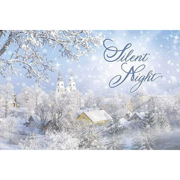 Fravessi Christmas, New Years Boxed Greeting Card Multi-Pack Set (4" x 6") | 16 Cards 17 Envelopes | Silent Night Winter Church Scene | Blue, White
