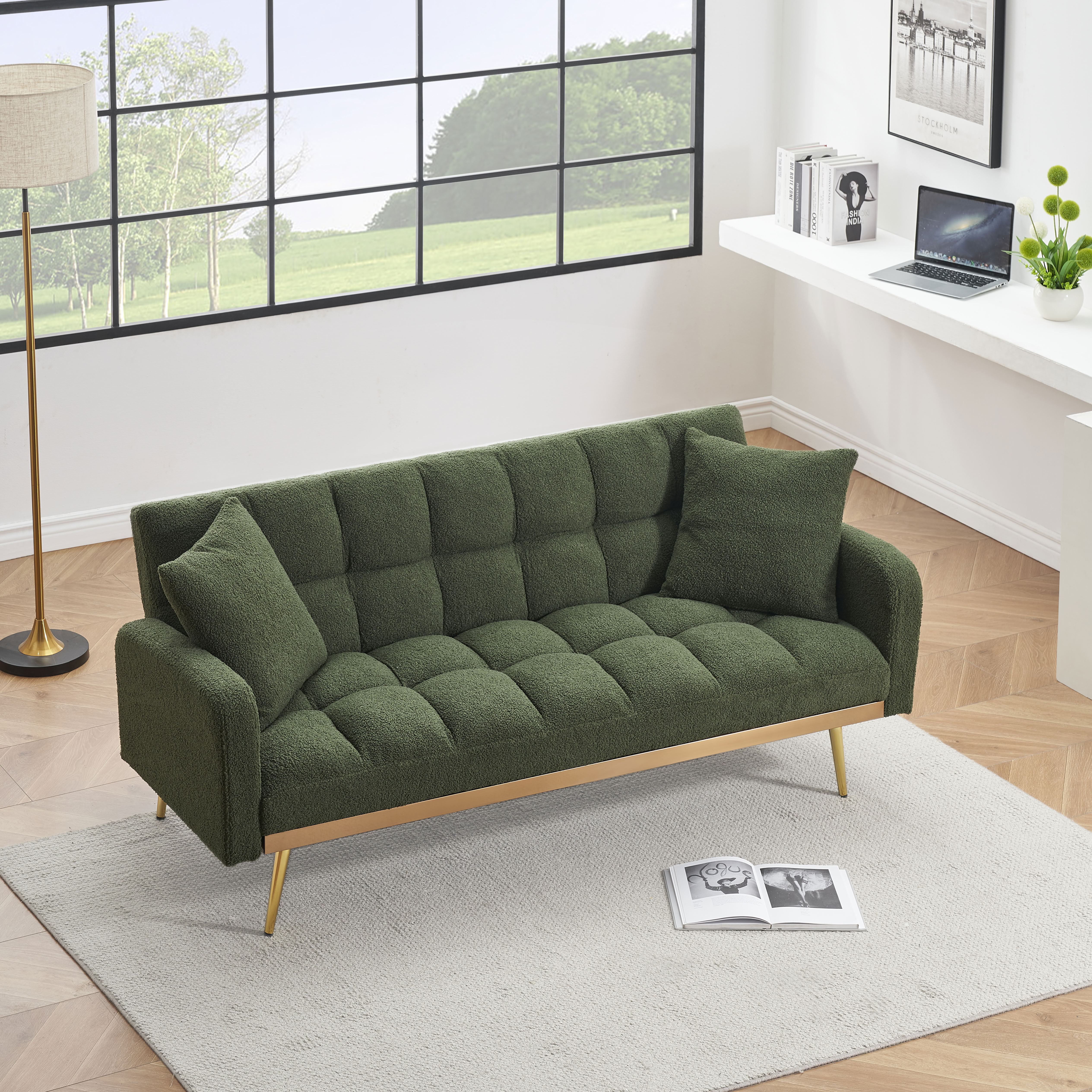 MAYEERTY Adjustable Sofa Bed, Teddy Fabric Loveseat, Space-Saving Convertible Guest Bed for Studio Spaces, Green