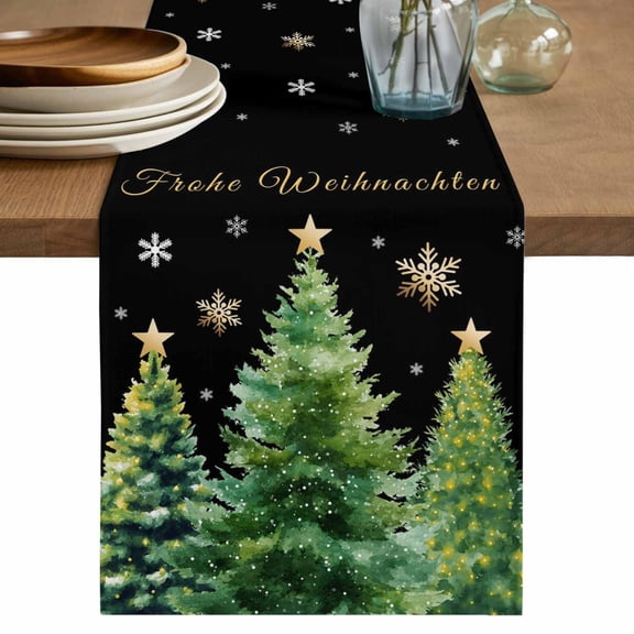 Black Christmas Table Runner 36 Inches, Winter Xmas Trees Snowflake Holiday Bed Runner Dresser Scarves Tabletop for Indoor Outdoor Parties/Ceremony/Banquet, 13"x 36"