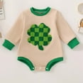 thumbnail image 2 of Staki St Patricks Day Baby Girl Outfit Cute Shamrock Smocked Bubble Romper Bodysuit Infant Spring Clothes St. Patrick's Romper(Beige,6M), 2 of 9