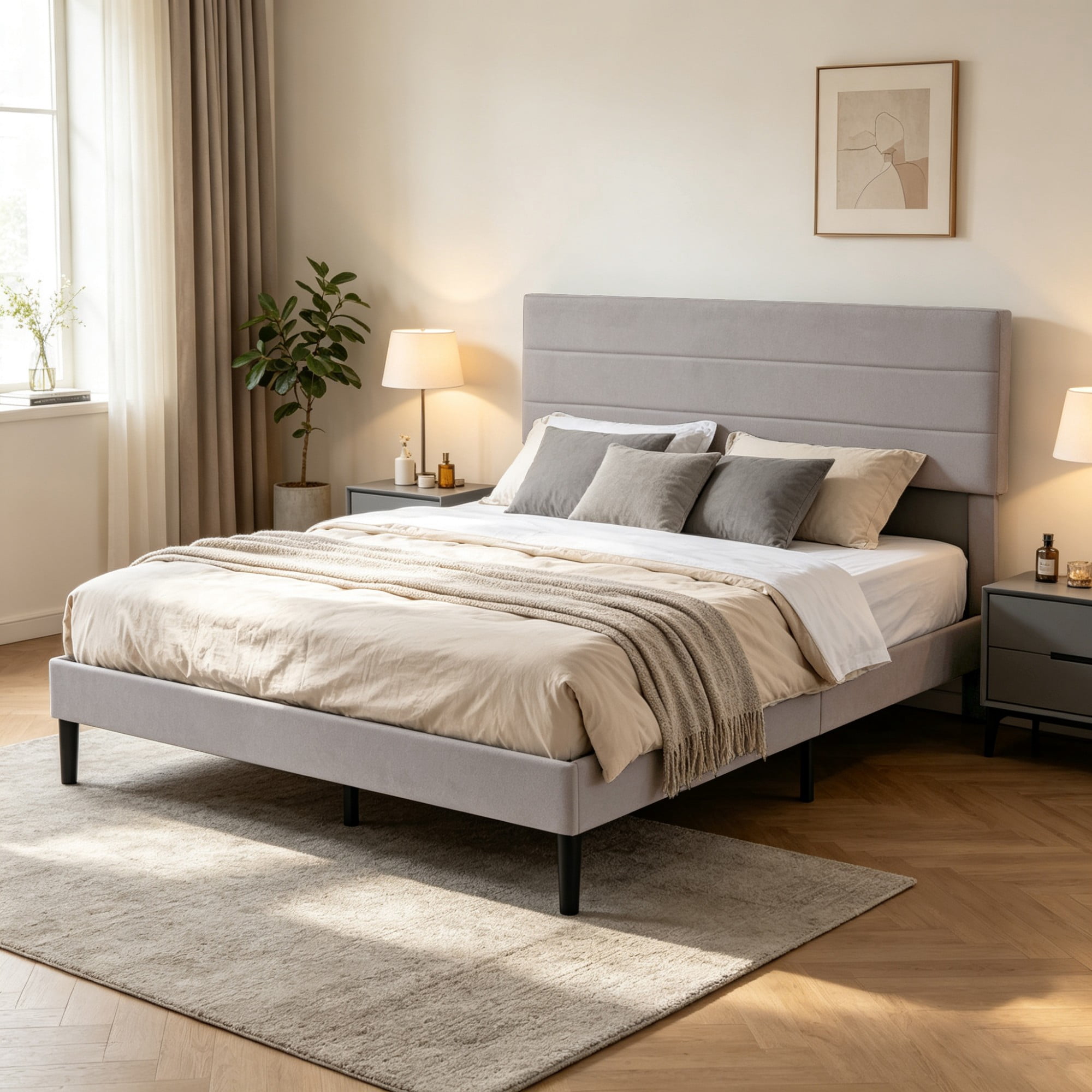 BSHTI Full Size Linen Blend Upholstered Platform Bed Frame with Soft Headboard, Wood Slats, No Box Spring Needed for Bedroom（Light Grey）