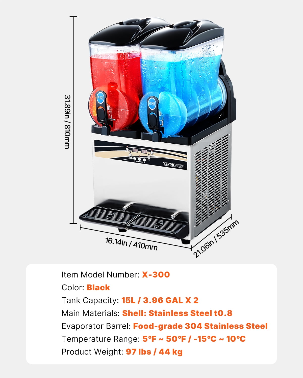 VEVOR Commercial Frozen Drink Maker, 15Lx2 Double Tank Slushy Machine, 120 Cups Stainless Steel Margarita Smoothie Frozen Drink Machine, Slushie Maker for Home Party Restaurants Cafe Bars