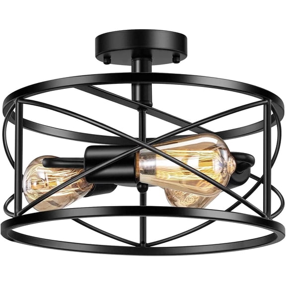 YANSUN 13.4"(W) 3-Light Matte Black Farmhouse Semi-Flush Mount Ceiling Light, Retro Industrial Drum Cage Light for Bedroom, Hallway