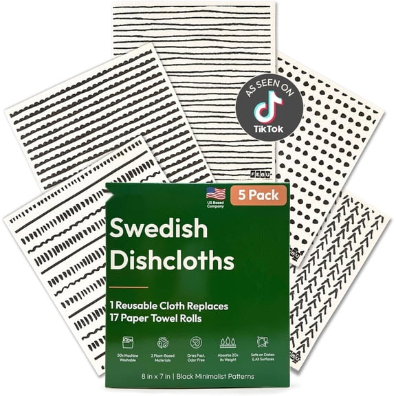 FEBU Swedish Dishcloths for Kitchen | 5 Pack Black Minimalist Reusable Paper Towels Washable | Swedish Dish Towels | Non-Scratch Cellulose Sponge Cloths | No Odor, Biodegradable Cleaning Cloths