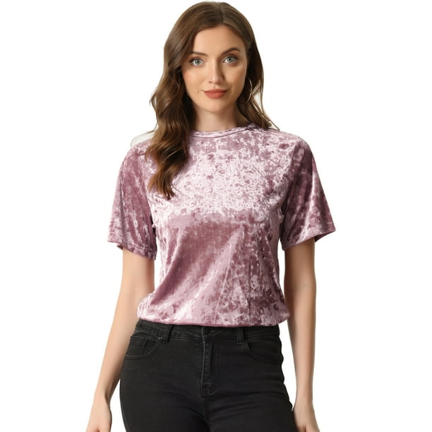 Camiseta de manga corta con cuello redondo informal de terciopelo vintage para mujer Rosa L