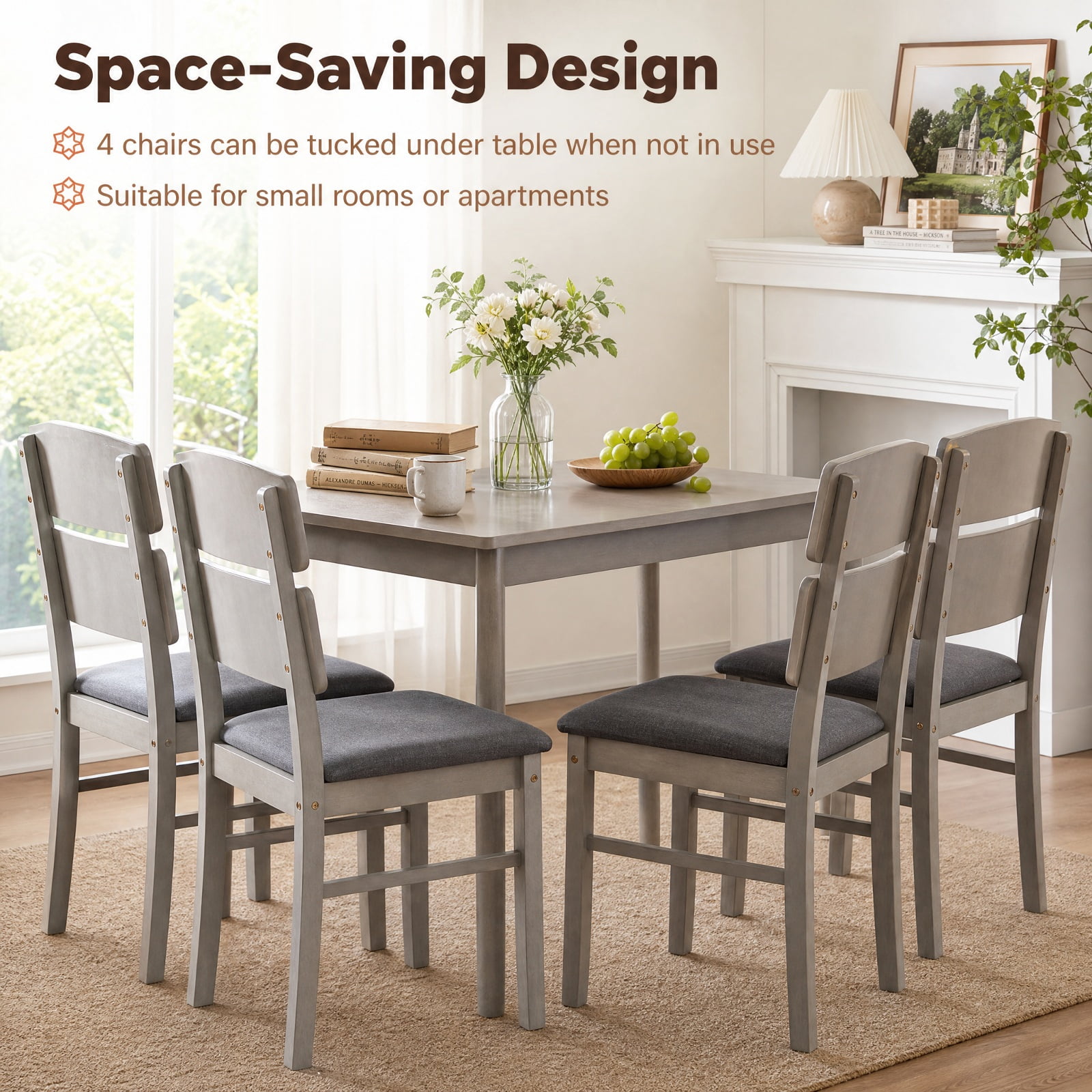Furnibear 5 Piece Dining Table Set for 4 with High Curved Back Upholstered Chairs and Rubber Wood Legs for Kitchen and Dining Room, Walnut