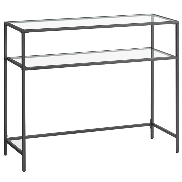 VASAGLE 39.4 Inch Console Sofa Table, Modern Entryway Table, Tempered Glass Table, Metal Frame, 2 Shelves, Adjustable Feet, for Living Room, Hallway, Black